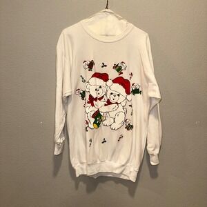 Apples Vintage Christmas Teddy Bears Sweatshirt Women's White L. Sleeve Cozy Top